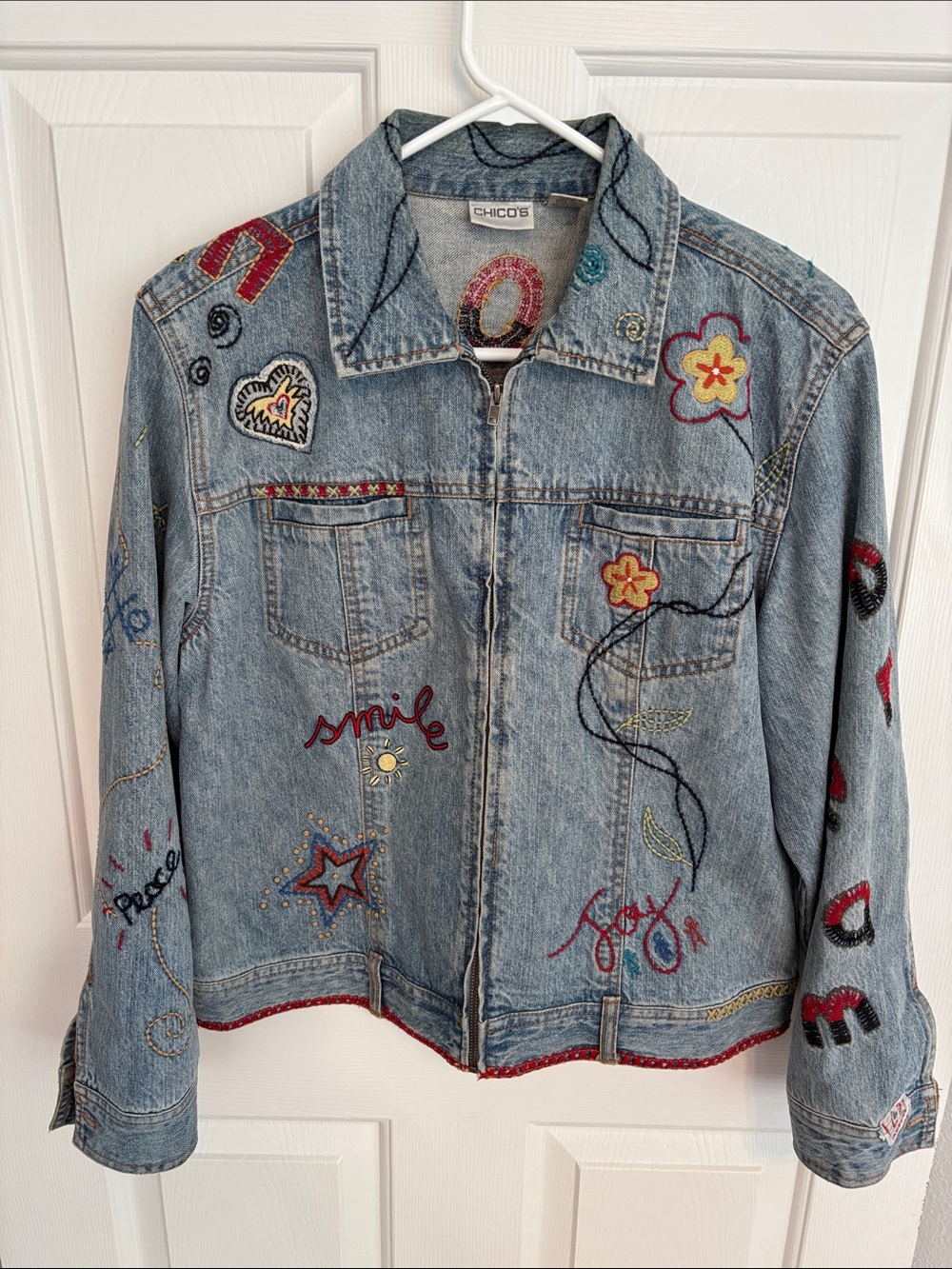 Chico's Light Wash Embroidered Denim Jacket - Blue with Multicolor Accents